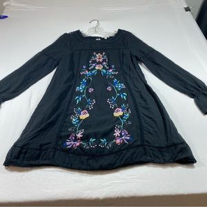 Umgee Boho gypsy Embroidered Dress Black floral Long Sleeve Elastic
